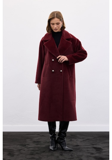 Sateen Düğme Detaylı Uzun Kaban - Bordo-136604 Bordo