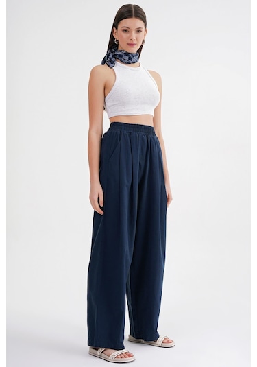 4682 Kadın Beli Lastikli Jogger Bol Keten Pantolon Lacivert Lacivert