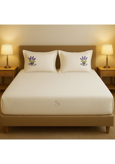Shules Collection Buldan Keteni Lavanta Nakışlı Çift Kişilik Çarşaf+yastık Seti %100 Pamuk Bej