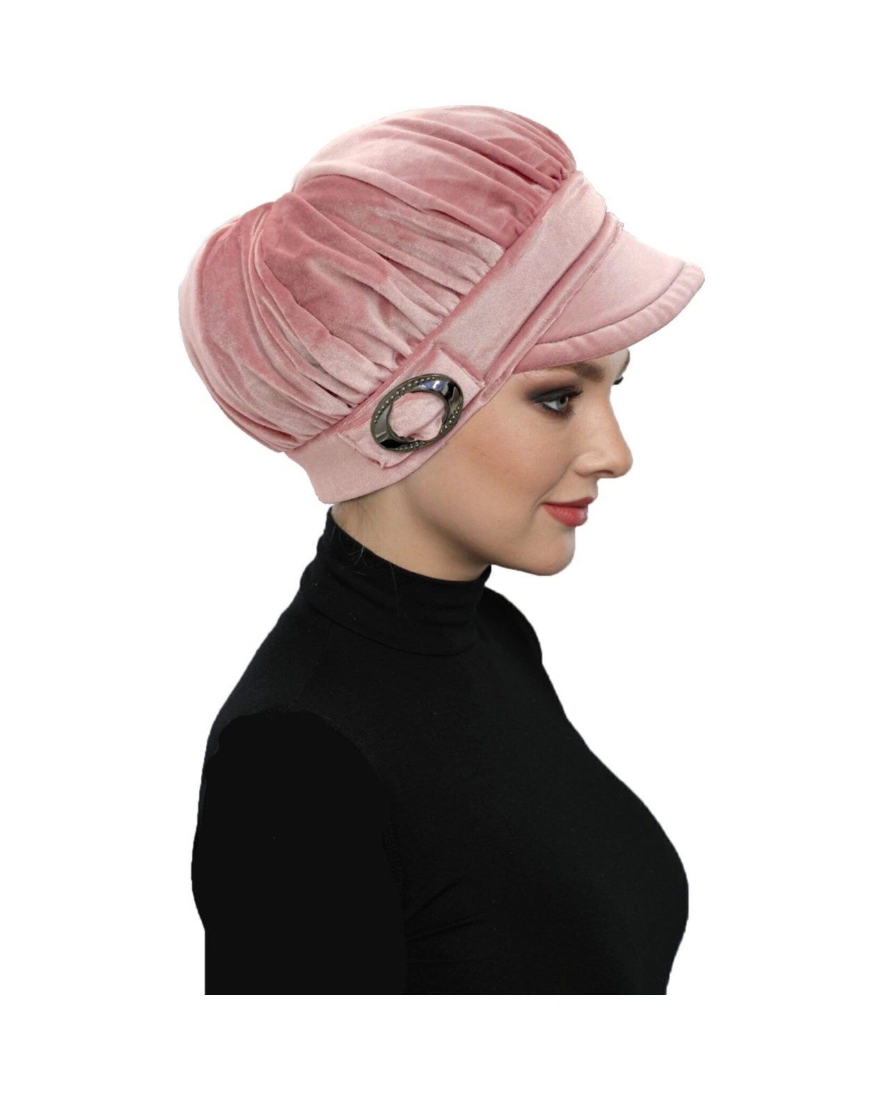 Kadife Şapka Toka Detaylı Pudra Hazır Türban Tesettür Bone Pudra