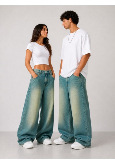 St.poll Eskitme Yeşil Efekt Vintage Yıkama Unisex Baggy Jeans Pantolon Mavi Yeşil