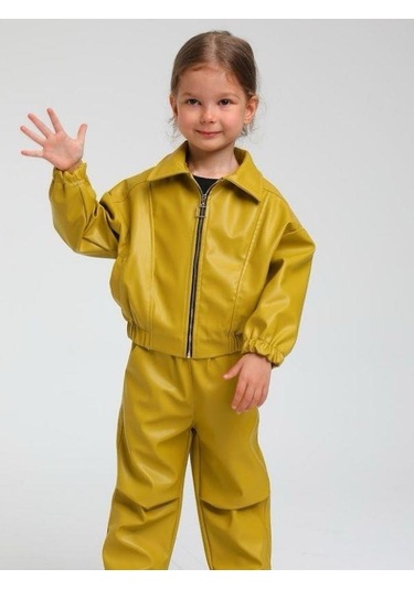 Kız Çocuk Yandan Cepli Beli Kolları Lastikli Bomber Ceket-14754 Yeşil