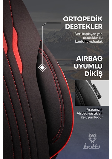 Siyah - Kırmızı Buttı Talos Serisi Premium Oto Koltuk Kılıfı Ortopedik Destekli, Ön Arka Tam Set, Aırbag Uyumlu