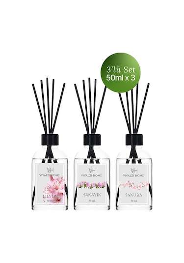 Vivaldi Home Lilyum + Şakayık + Sakura Çubuklu Oda Kokusu Esansiyel Uçucu Yağ 3 x 50 ML