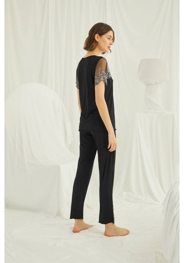 Monamise 19193 Kadın Kısa Kollu Pijama Takımı-siyah Siyah