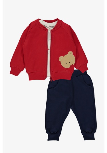 Ayıcık Nakışlı 3 Parça İkiiplik Kumaş Erkek Bebek Hırkalı Takım Mnk14142 Kırmızı