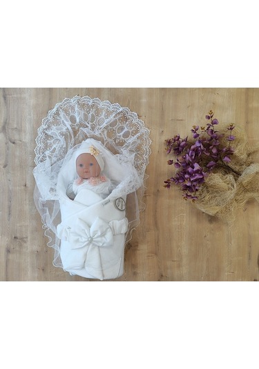 Ekru Kız Erkek Bebek Battaniyesi Kundağı %100 Pamuklu Dantelli Yenidoğan Hastane Çıkışı Mevlütlük Knd45255 Ekru