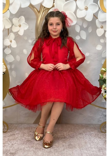 Kırmızı Tül Etekli Simli Çocuk Elbise 001