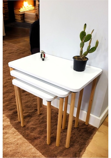 Doğal Ahşap Ayaklı 3'lü Zigon Sehpa Seti Beyaz