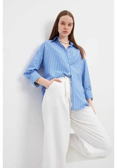 Stella Pulvis Mavi Oversize Çizgili Gömlek Mavi