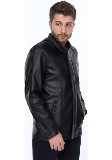 Hakiki Kuzu Derisi Gömlek Yaka Fermuarlı Erkek Deri Ceket Siyah Siyah