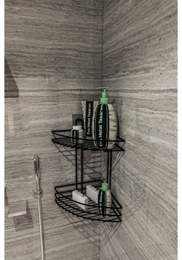 Corelle Kitchen Yapışkanlı 2 Katlı Banyo Köşeliği Köşe Rafı Duş Şampuanlık Duvar Düzenleyici Organizer Raf Siyah
