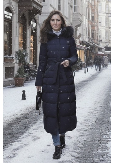 Günlük Kışlık Tam Boy Şişme Kadın Mont Lacivert