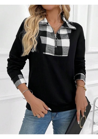 Reka Moda Kadın Uzun Kollu Yakalı Önden Fermuarlı Ekose Detaylı Viskon Iki Iplik Bluz Siyah