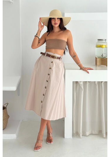 Kemerli Boydan Düğmeli Keten Etek Krem Krem