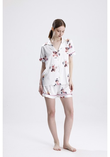 Laperissa Kadın Kısa Kol Şortlu Pijama Takımı Kız Bebek Desenli Yazlık Rahat Ev Giyim Beyaz