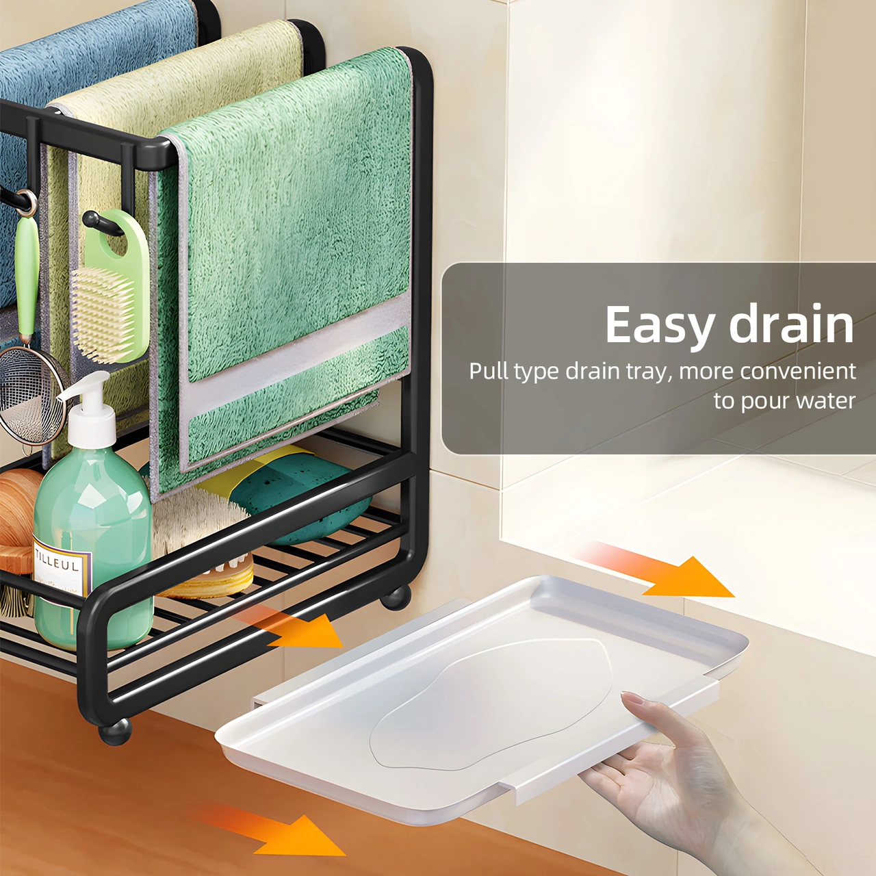 Hombey Karbon Çelik Lavabo Bezi Rafı - Delme Yok Duvar/masaya Takılabilir - Su Alma Tablası İle Sulama Bezi, Havlu, Sponge Saklama Rafı - Siyah 28x24.5x14cm Siyah