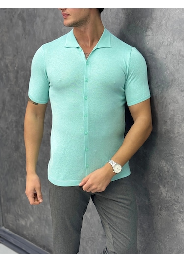 Modefendi Slim Fit Polo Yaka Triko Pamuk Kısa Kollu Gömlek Turkuaz