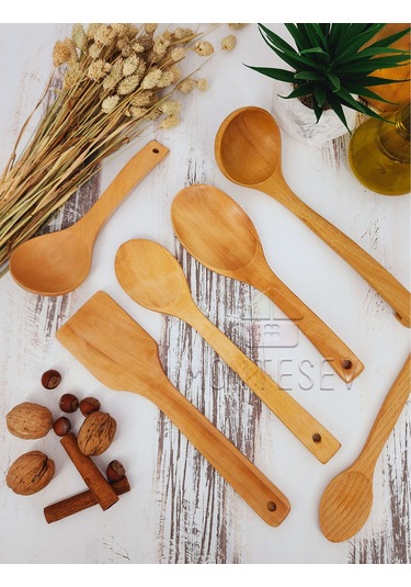 Ahşap Tahta Mutfak Kaşık Seti 6 Parça Kayın, Şimşir Ağacı 6-1