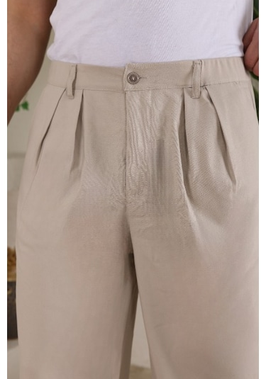 Erkek Beli Lastikli Pileli Baggy Pantolon Bej