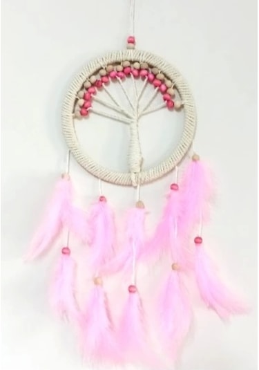 Pembe Kuş Tüylü Hayat Ağacı Düş Kapanı Dream Catcher Duvar Süsü