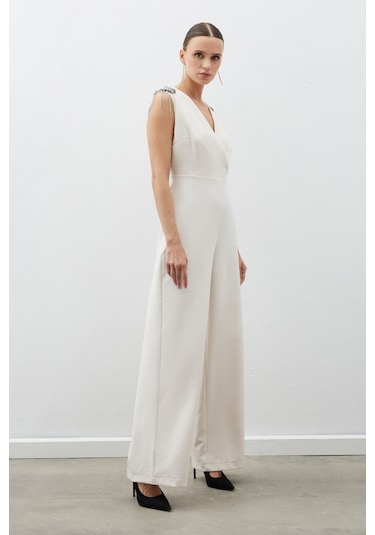 Sateen Aksesuar Detaylı Tulum - Bej