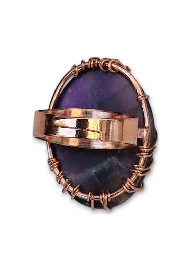 Pozitif Doğal Taş Ametist Ayarlı Yüzük Bakır Hayat Ağacı El Yapımı 466-3 Çok Renkli