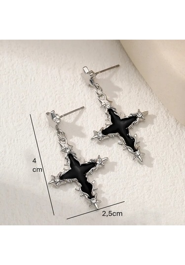 Dükkan Design Black Star Cross Yıldızlı Haç Küpe Siyah - Gümüş
