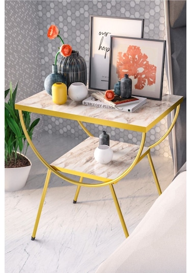 Yan Sehpa Komodin Metal Ayak Gold Efes 1984 Beyaz Mermer Desen