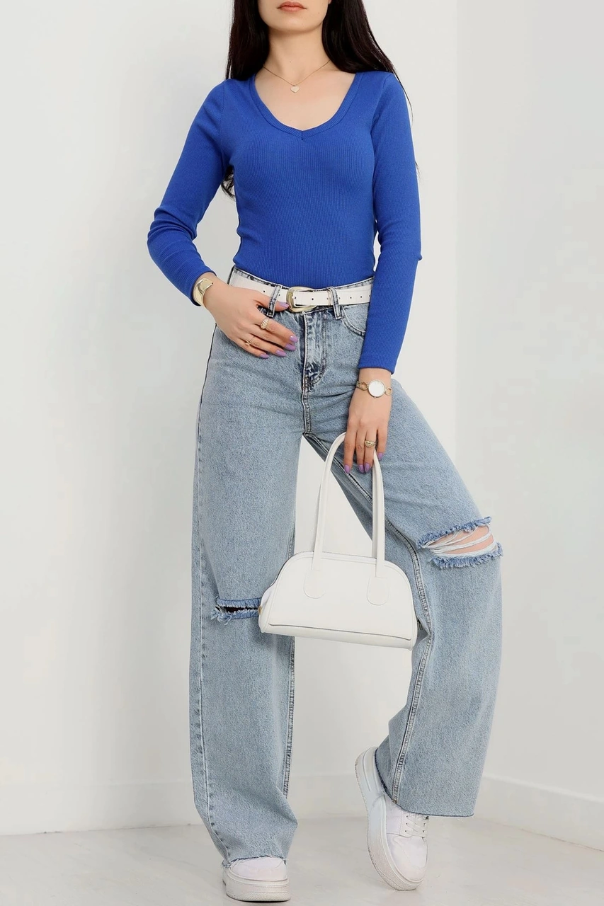 Biçomi V Yaka Kaşkorse Bluz Saks Mavisi A3699 Saks