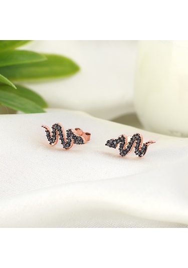 Zanaat Silver 925 Ayar Gümüş Siyah Taşlı Mat Rose Yılan Modeli Küpe