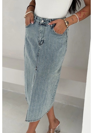 Paralel Taşlı Yırtmaçlı Denim Etek Mavi Mavi