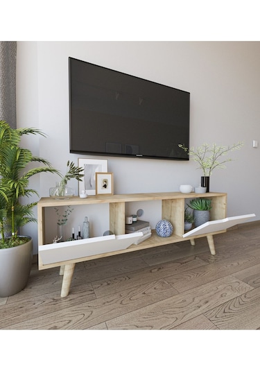 Siena Ahşap Ayaklı Tv Ünitesi Safir Meşe-beyaz Televizyon Konsolu 140 Cm Ekonomik Modül Sehpa