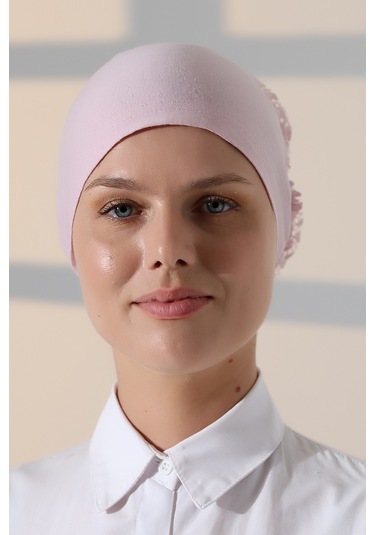 Kadın Fırfırlı Güpürlü Tesettür Topuz Bone - Pembe Pembe