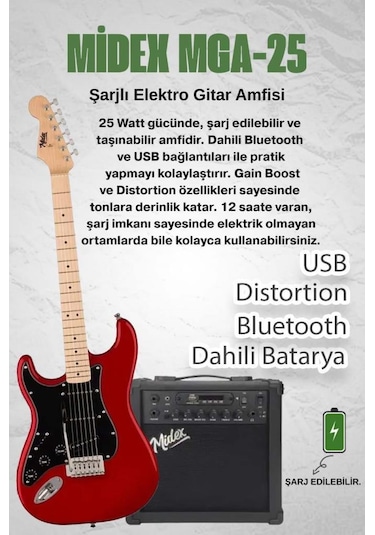 Midex Rph-31rd-25amp Solak Elektro Gitar 25w Amfili Full Set