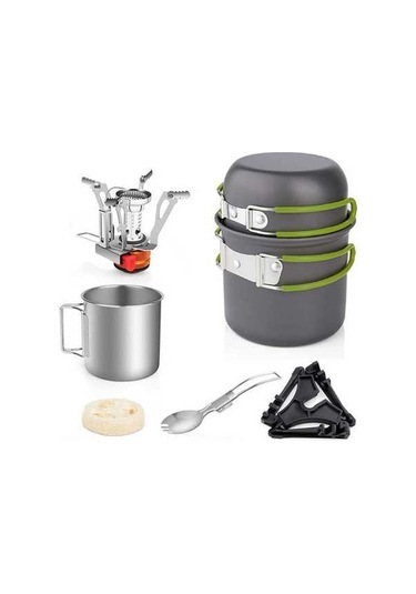Createtech Yeşil Tencere Tava Sırt Seti, Paslanmaz Çelik Katlanabilir Çatal Kaşık İle Açık Hava Pişirme Çantası Kp Yeşil