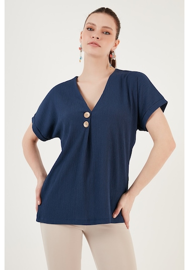Lela Düğme Detaylı V Yaka Bayan Bluz 5865567 Indigo