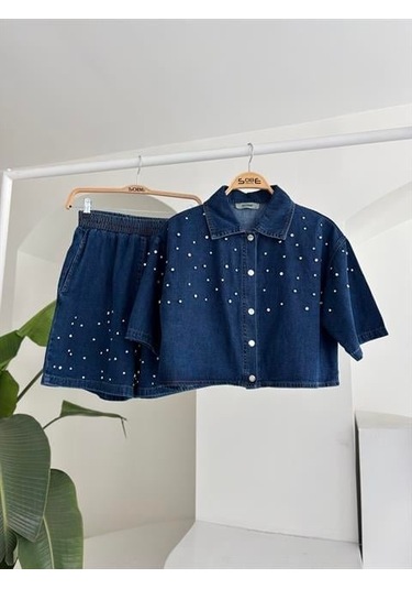 Taş Detaylı Gömlek Şort Denim Takım 10175 Deni M