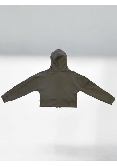 Kız Çocuk Pamuklu Crop Fermuarlı Kapuşonlu Hırka-15454 Haki