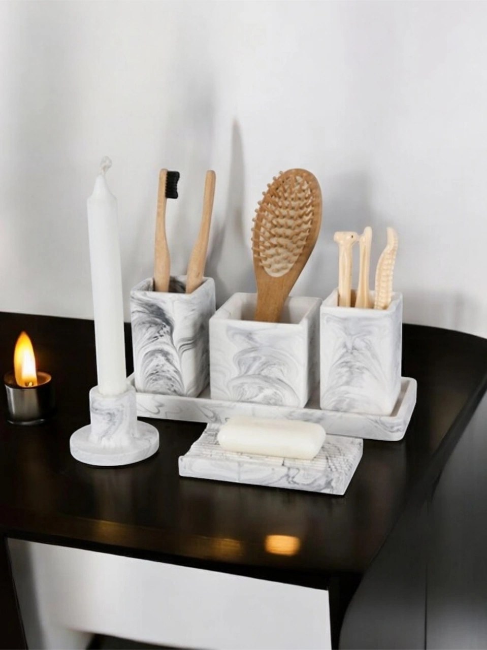 6 Parça Mermer Desen Beton Banyo Seti Diş Fırçalık Tütsülük Mumluk Tepsi Sabunluk Gri
