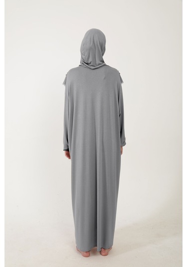 Kadın Tesettür Pamuklu Başörtülü Namaz Elbisesi Dantelli Tek Parça Penye Kumaş Gri