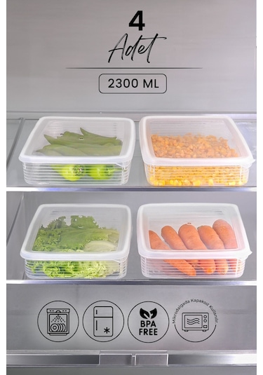 Kitchen Life 4 lü 2300 ML Buzdolabı ve Mikrodalga Saklama Kabı - Buzdolabı Organizeri Saklama Kutusu Şeffaf