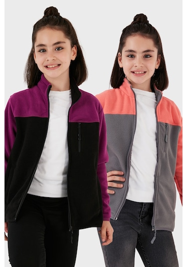 Lela Yumuşak Dokulu Fermuarlı Renk Bloklu Dik Yaka Cepli 2'Li Paket Hırka Çocuk Polar 5905001S2 Mor Siyah-Somon Gri