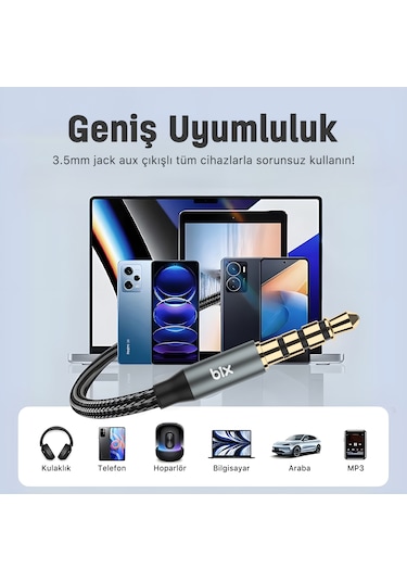 Bix BXAU3C Hi-fi 3.5 Mm Jack Örgülü Aux Ses Kablosu 2 M