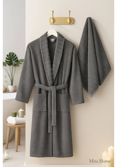 4 Parça Soft Elegance Banyo Aile Bornoz Seti %100 Pamuklu Antrasit