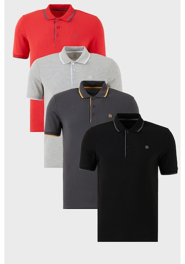 Buratti Pamuklu Slim Fit Şerit Detaylı Düğmeli Polo Yaka 4'Lü Paket Erkek T Shirt 5902118S4 Siyah-Kırmızı-Antrasit-Gri Melanj