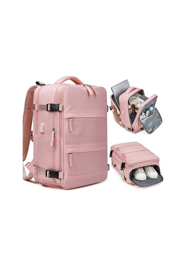 Su Geçirmez 16" İnç 30l Ayakkabı Bölmeli Seyahat Sırt Çantası - Laptop Bölmeli, Usb Şarj Girişli Pembe