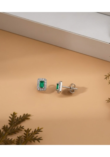 925 Ayar Rodyum Baget Kesim Zümrüt Yeşili Taşlı Minimal Günlük Gümüş Küpe Gümüş