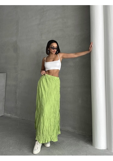 Kadın Buruşuk Modal Dokulu Soft Uzun Etek Açık Yeşil Kadın Buruşuk Modal Dokulu Soft Uzun Etek Açık Yeşil