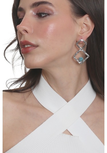 Labalaba Kadın Lak Gümüş Renk Doğaltaşlı Çivili Model Geometrik Formlu El Yapımı Küpe Gümüş - Açık Mavi